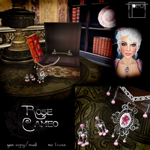 Topaz Square~Victorian Rose Cameo Necklace&earring Drops Pink Jade