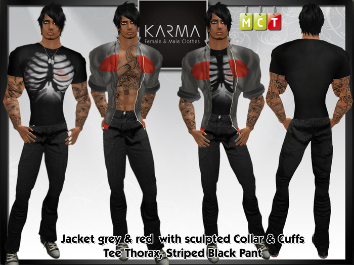 Karma - Jacket Grey & red with sculpted Collar & Cuffs, Tee Thorax, Striped Black Pant