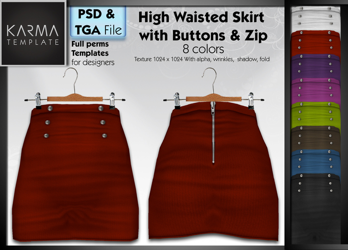 Karma Template - PSD & TGA - High Waisted Skirt with Zip and Button - 8 Colors - High detailled Texture 1024 px