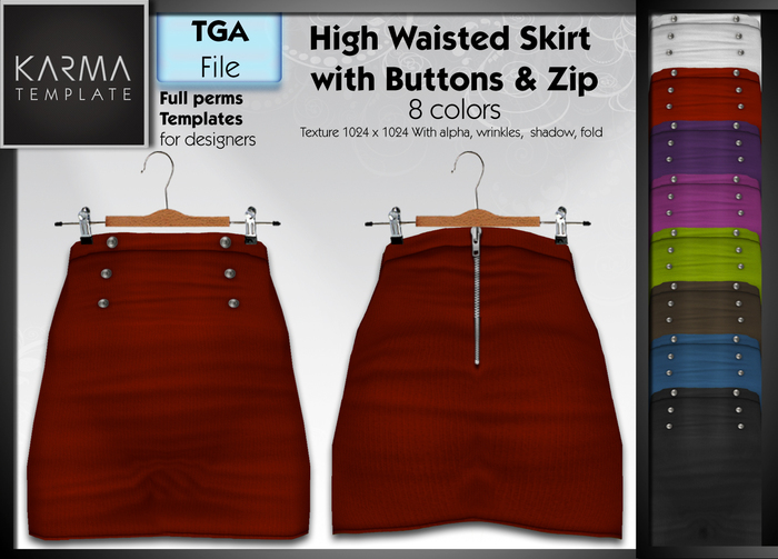 Karma Template - TGA - High Waisted Skirt with Zip and Button - 8 Colors - High detailled Texture 1024 px