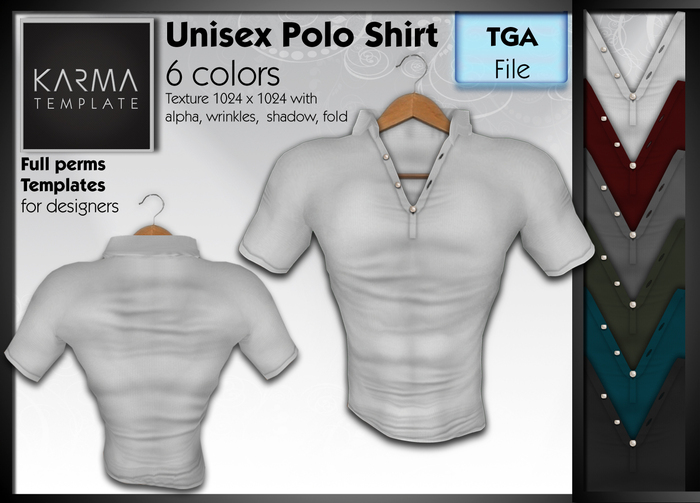 Karma Template - TGA - Unisex Polo Shirt Maker with Sculpted Collar - 6 Colors - High detailled Texture 1024 px