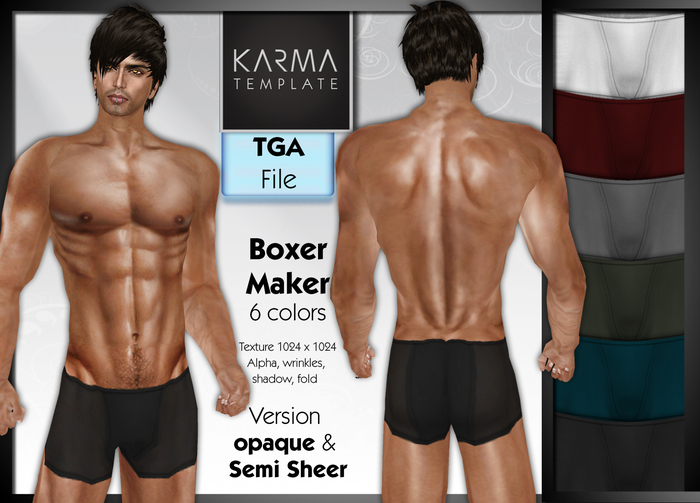 Karma Template - TGA - Boxer Maker Opaque & Semi Sheer - 6 Colors - High detailled Texture 1024 px