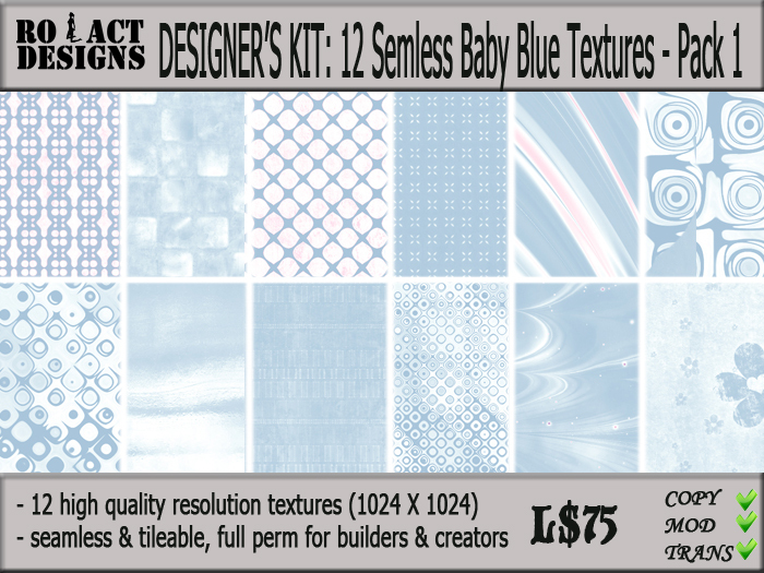 ..::RO!ACT::..DESIGNS 12 Seamless & Tileable Baby Blue Textures Pack 1