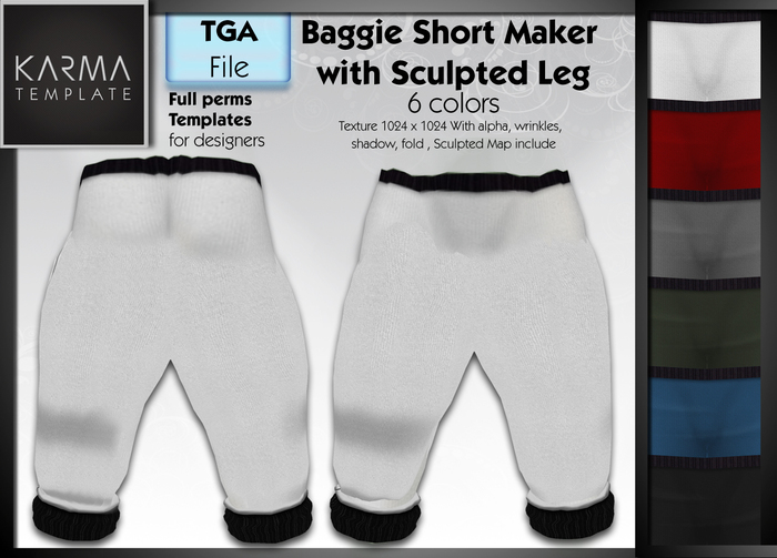 Karma Template - TGA - Unisex Baggy Short Maker with Sculpted Leg - 6 Colors - High detailled Texture 1024 px