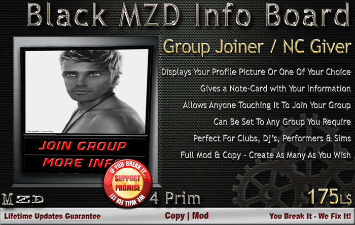 Black MZD Info Board - Notecard Giver & Group Joiner