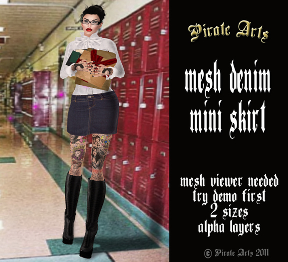 =PIA= Box mesh denim mini skirt
