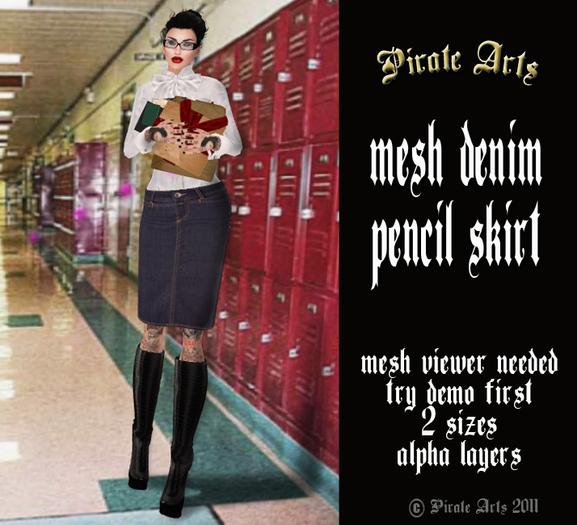 =PIA= Box mesh denim pencil skirt
