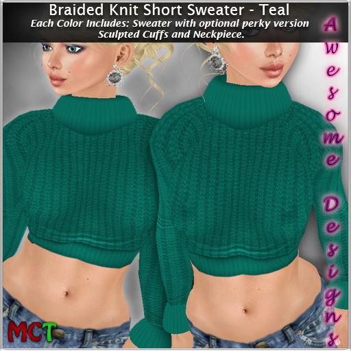 *Awesome Designs Braided Knit Sweater In Teal