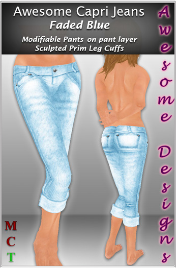 *Awesome Designs Capri Jeans In Faded Blue