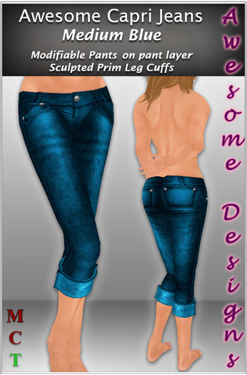 *Awesome Designs Capri Jeans In Medium Blue