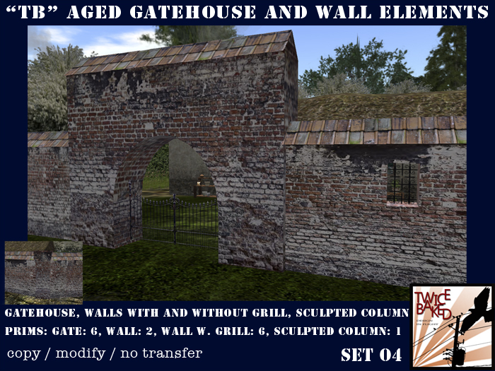 "TB"  Aged gatehouse, walls and column set O4