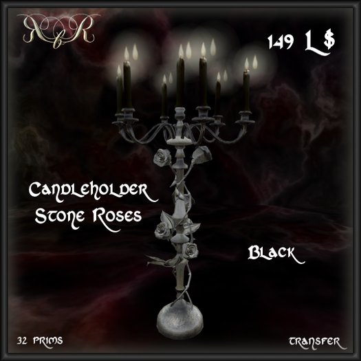 Roses by Res- Candle Holder Stone Roses Black (giftbox)