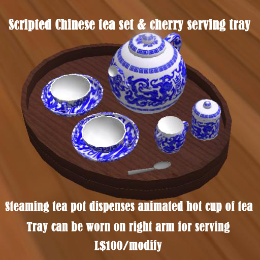MNM - Scripted Chinese tea set & cherry tray -  blue - (boxed)
