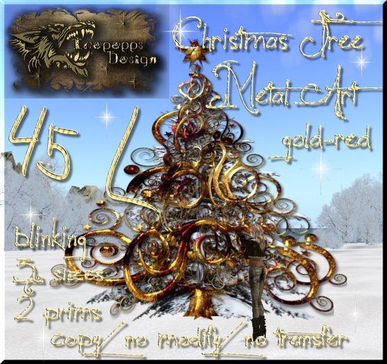 Christmas-Tree metal art, red-gold, blinking, boxed