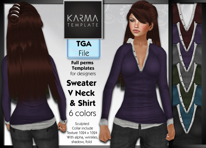 Karma Template - TGA - Women Sweater V Neck & Shirt with Sculpted Collar - 6 Colors- High detailled Texture