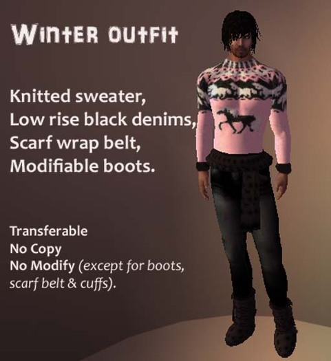 Winter Sweater, low rise jeans, scarf  belt (boots -modify)