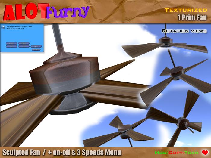 ♥ 1 Prim Fan - 3 Speeds Menu + On / Off - I