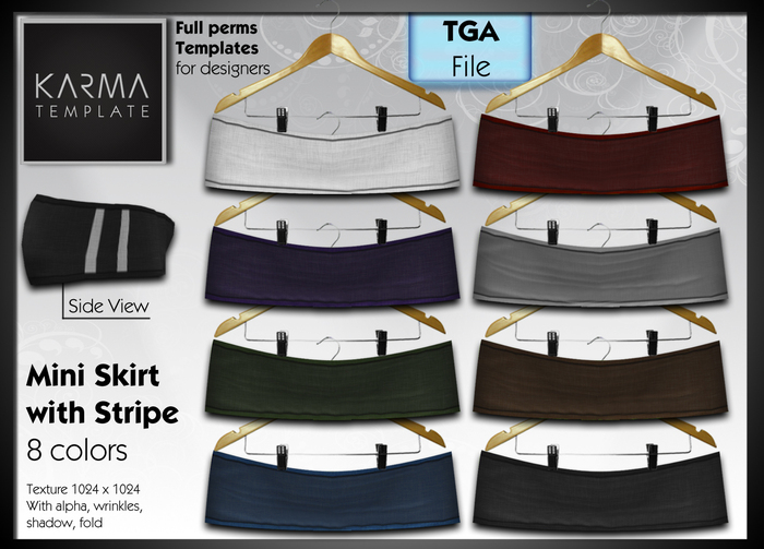 Karma Template - TGA - Mini Skirt with Stripes - 8 colors - High detailled Texture 1024 px
