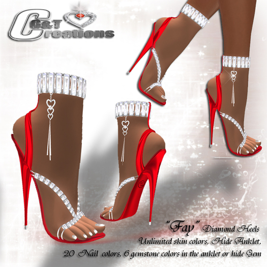 G&T Creations FAY Valentine special  heels Bright Red metallic with gemstones and heart anklet