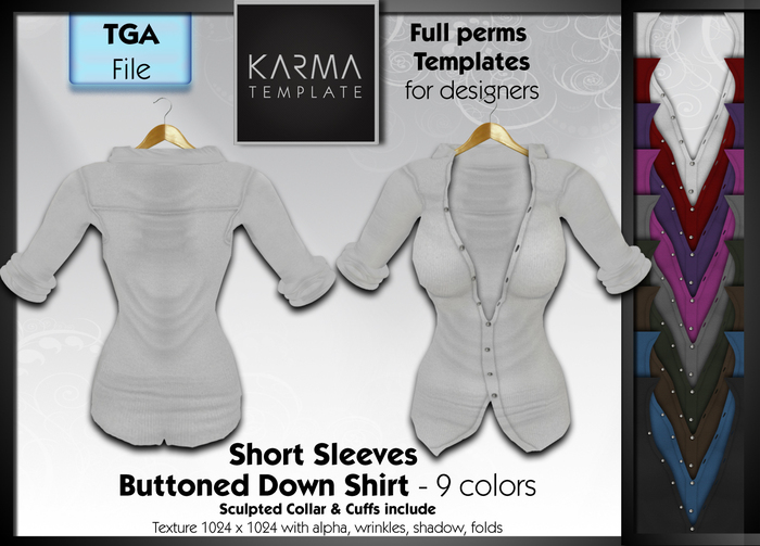 Karma Template - TGA - Short Sleeves Buttoned Down Shirt with Sculpt - 9 Colors- High detailled Texture