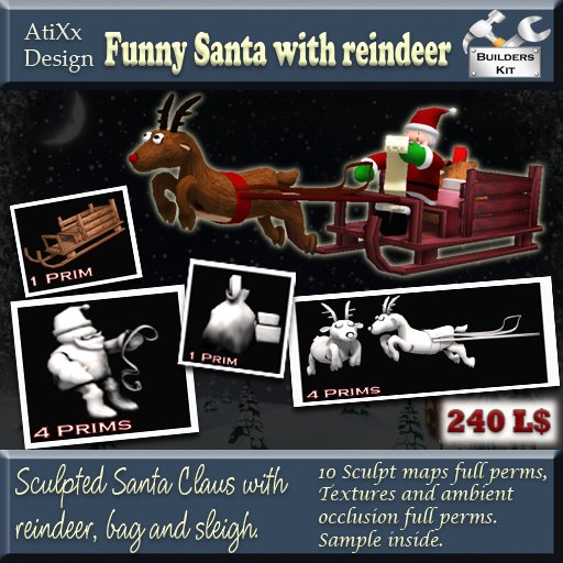 Sculpted Funny Santa with Reindeer, Sleigh and bag