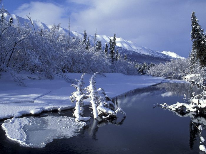 Xmas background blue lake snow