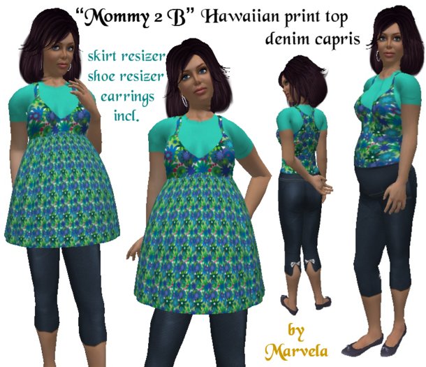 "*Mommy 2 B" Hawaiian Print Top Denim Capris