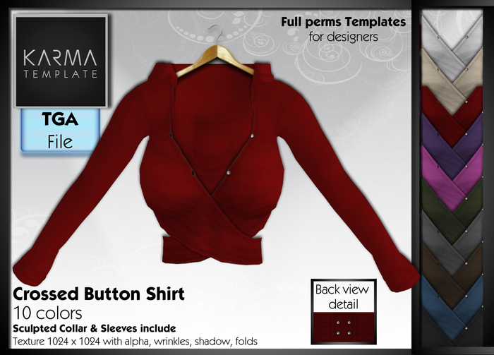 Karma Template - TGA - Short Crossed Button Shirt with sculpted Collar & Sleeves - 10 Colors- High detail Texture