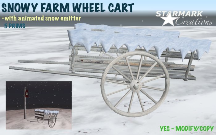 SNOWY FARM WHEEL CART with falling snow from STARMARK CREATIONS -- promo price --