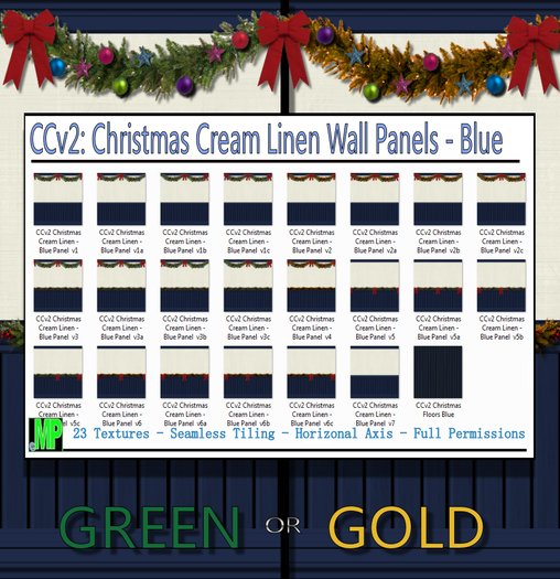 Christmas Cream Linen Panels -  Blue