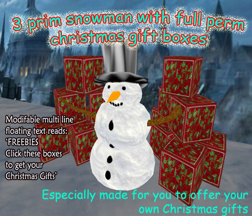 3 prim snowman with full perm christmas gift boxes