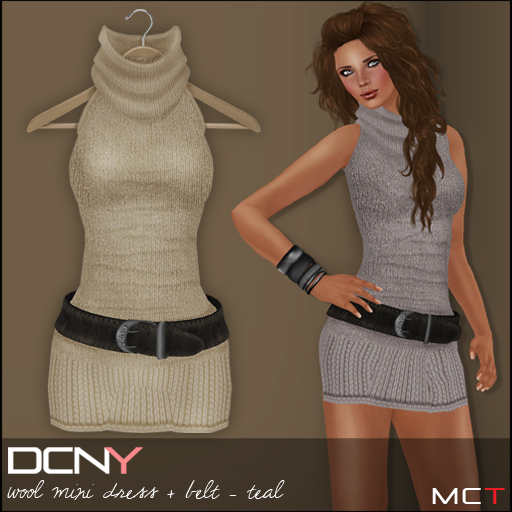 DCNY Wool Mini Dress & Belt in Wheat