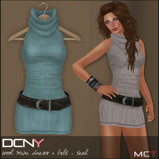 DCNY Wool Mini Dress & Belt in Teal