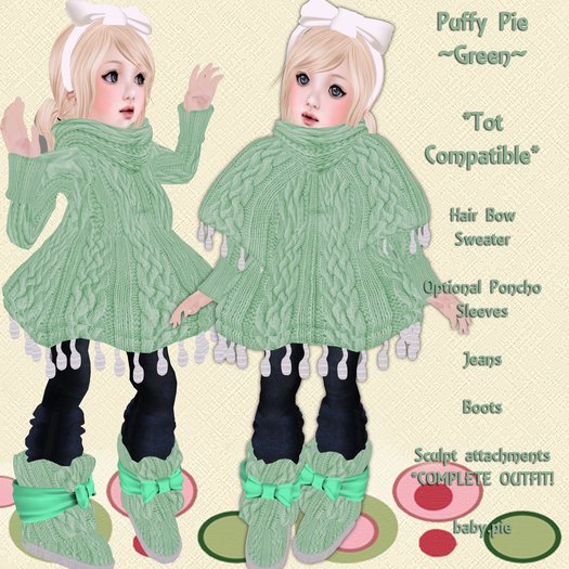 *Baby Pie* Puffy Pie Complete Children's / Girl's Winter Sweater Outfit / Tiny Tot Compatible! Promo Sale! 50L! Green