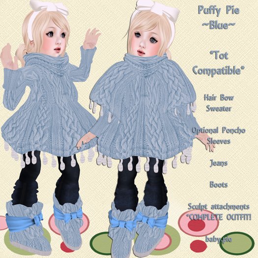 *Baby Pie* Puffy Pie Complete Children's / Girl's Winter Sweater Outfit / Tiny Tot Compatible! Promo Sale! 50L! Blue