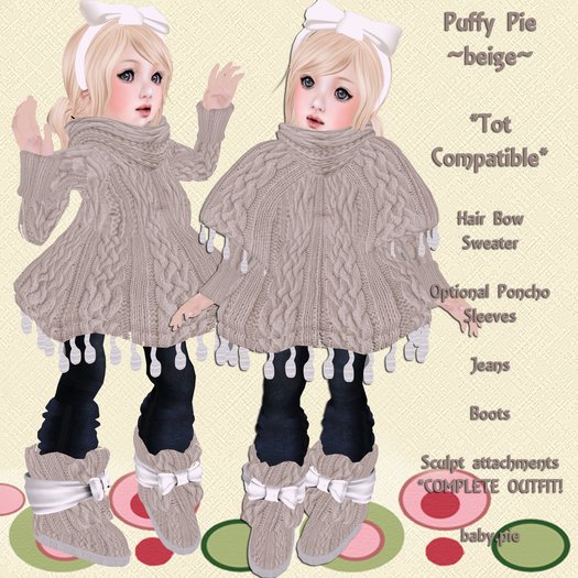 *Baby Pie* Puffy Pie Complete Children's / Girl's Winter Sweater Outfit / Tiny Tot Compatible! Promo Sale! 50L! Beige