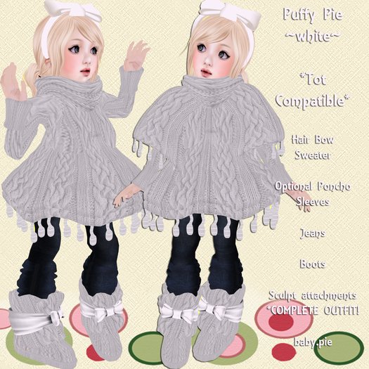*Baby Pie* Puffy Pie Complete Children's / Girl's Winter Sweater Outfit / Tiny Tot Compatible! Promo Sale! 50L! White