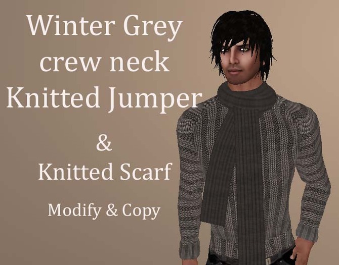 Grey Knitted Cuffed Winter Sweater Jumper with Scarf
