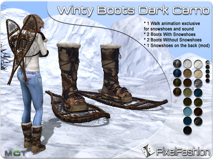 :)(: Winty Boots Dark Camo WOMEN(with and without snowshoes )