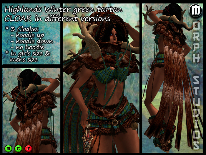 0o Morph - Highlander Winter CLOAK (Rendeer green tartan), no hoodie, hoodie up/ down