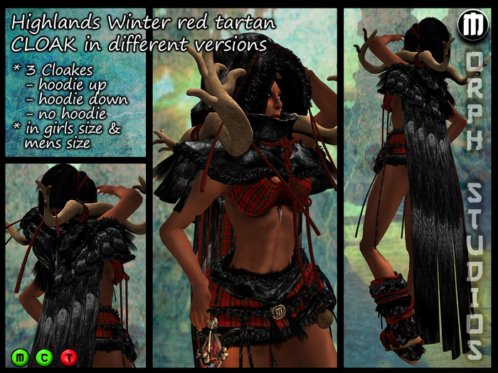 0o Morph - Highlander Winter CLOAK (Rendeer red tartan), no hoodie, hoodie up/ down