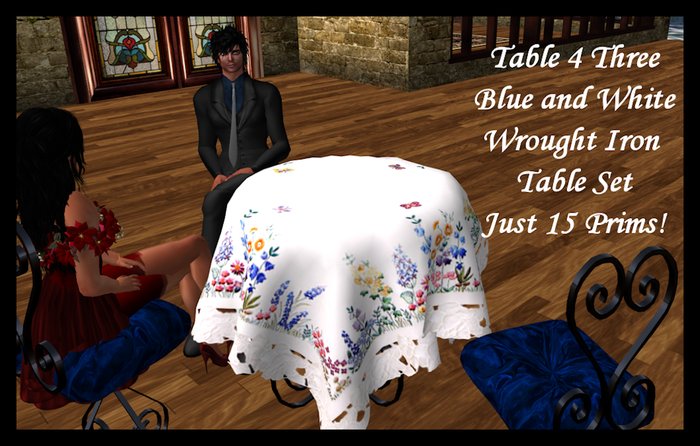 Table 4 Three- Blue and White Wrought Iron Table Set, 15 prims