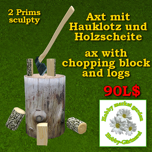 Ax with chopping block and logs, sculpty