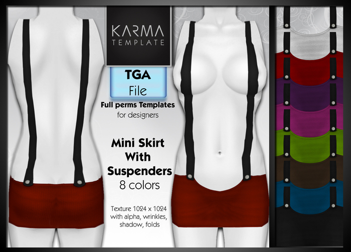 Karma Template - Tga - Mini Skirt With Suspenders - 8 Colors - High detailled Texture 1024 px