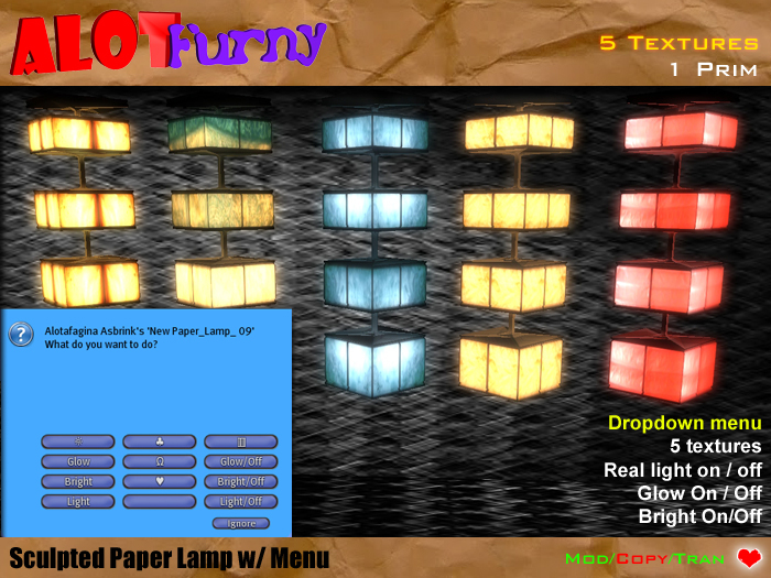 ♥ 1 Prim Paper Lamp w / Menu - IV