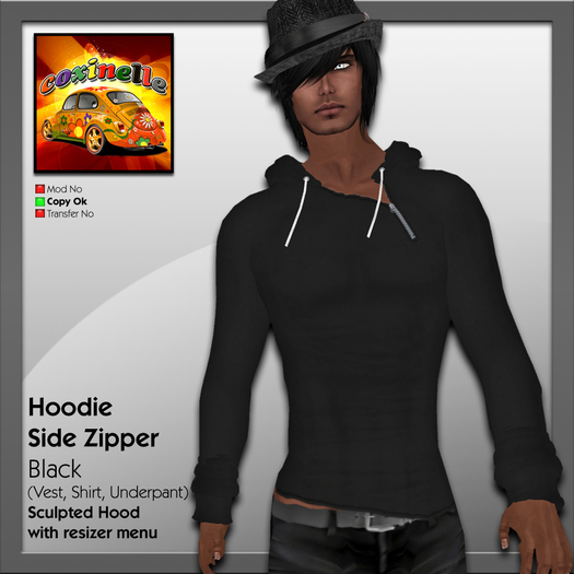Coxi -  Black - Tee Collar Side Zipper with hoodie-male