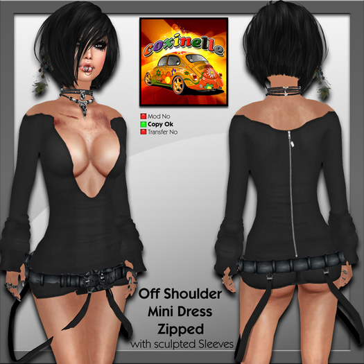 Coxi -  Black - Off Shoulder Mini Dress Zipped