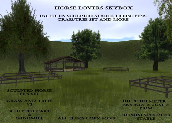 Horse lovers skybox with sculpted stable, trees, grass and more - 110 meter version