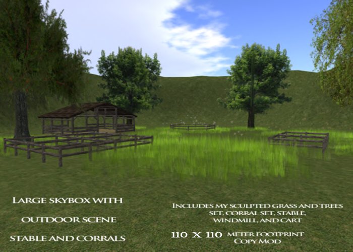 Large skybox with outdoor scene, Includes, a stable, horse corrals sculpted grass trees, butterflies, windmill and cart.