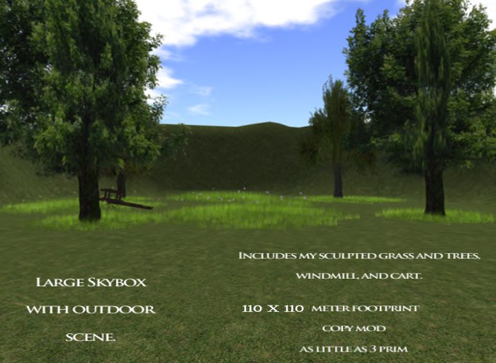 Large skybox with outdoor scene, Includes sculpted grass, trees, butterflies, windmill and cart. Make a nice horse farm